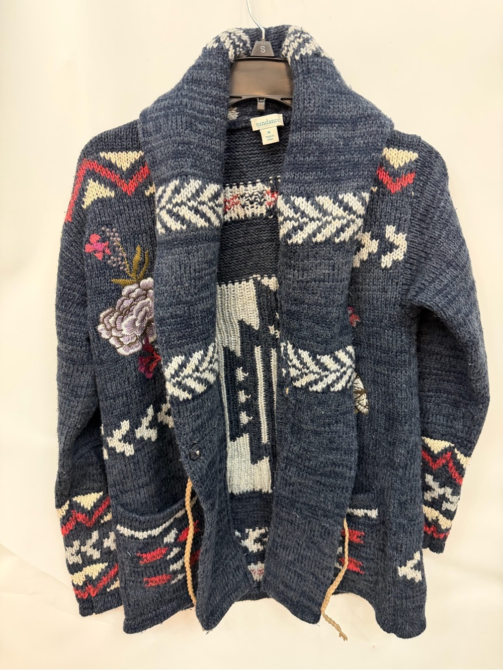 Sundance Navy and White Patterned Knit Cardigan with Red Accents women’s size M